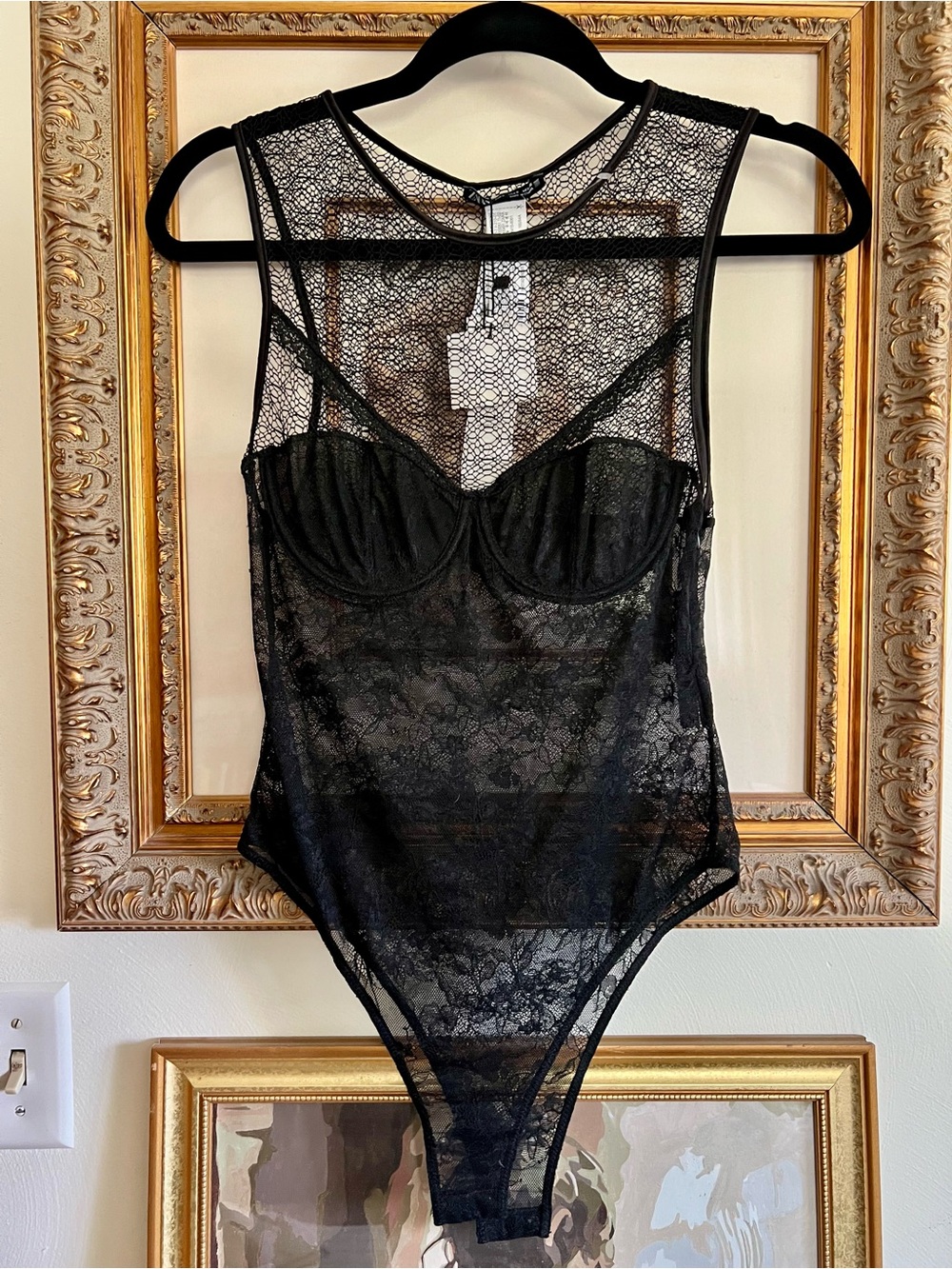 ORSEUND IRIS Style Black Sheer Lace Bodysuit with Underwire